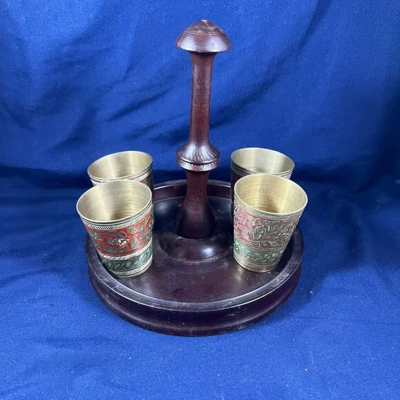 Vintage Brass Shot Glasses With Intricate Red & Green Floral Detailing And Woode - Picture 2 of 7